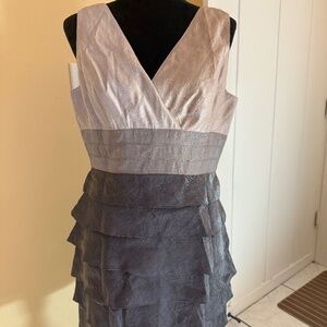 Adriana Pappell lustrous gray cocktail dress.